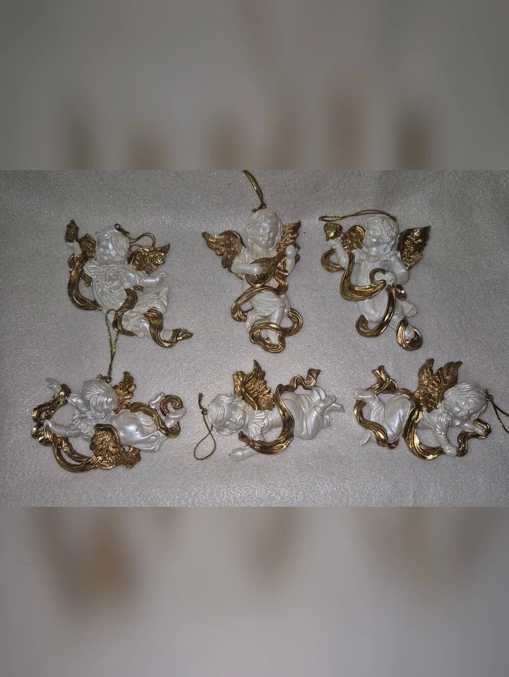 Vintage White and Gold Cherub Holiday Ornaments - Set of 6